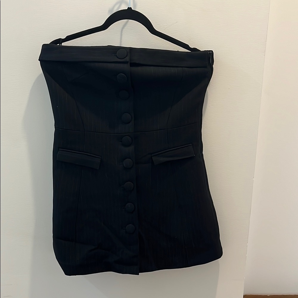 Strapless Pin-Stripe Black Button-Down Mini Dress